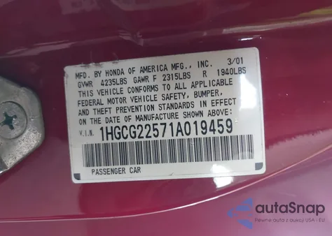 2001 Honda Accord 3.0 Ex из США, поврежденный, VIN 1HGCG22571A019459